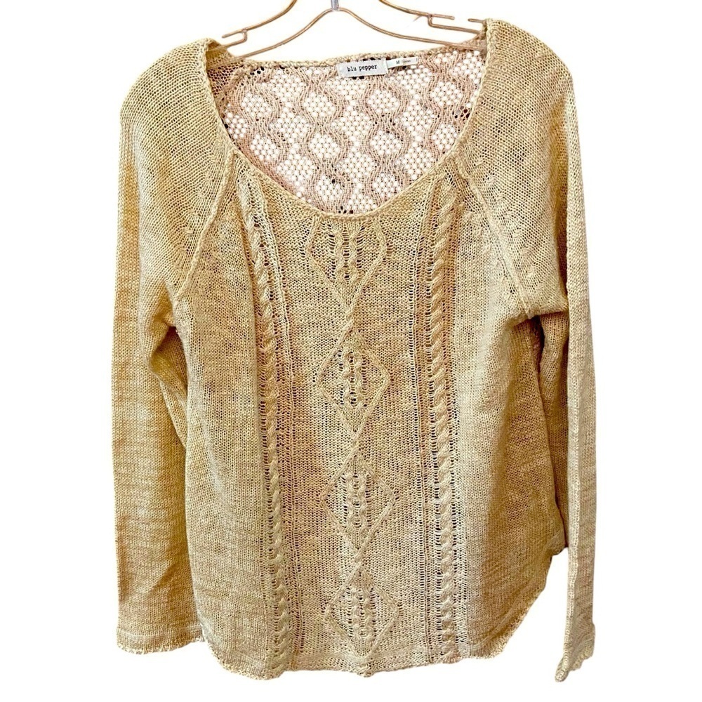 Blu Pepper Sweater Womens Size M Crochet Scoop Neck Open Knit Beige Boho Light